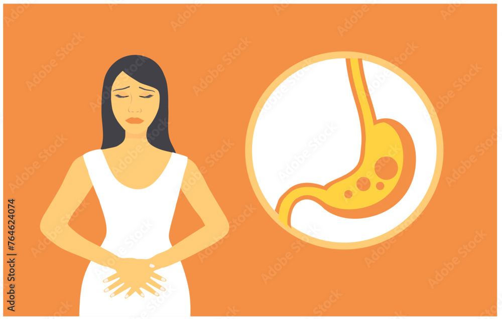 GERD gastroesophageal reflux acid stomach. Digestive disorder causes heartburn pain or acid reflux indigestion. Medical and healthcare.