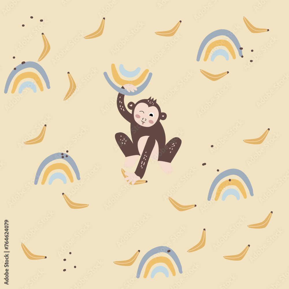 Childish Seamless Pattern With Cute Monkey, Banana And Boho Rainbow Creative Texture For Fabric And Textile Stock Illustration