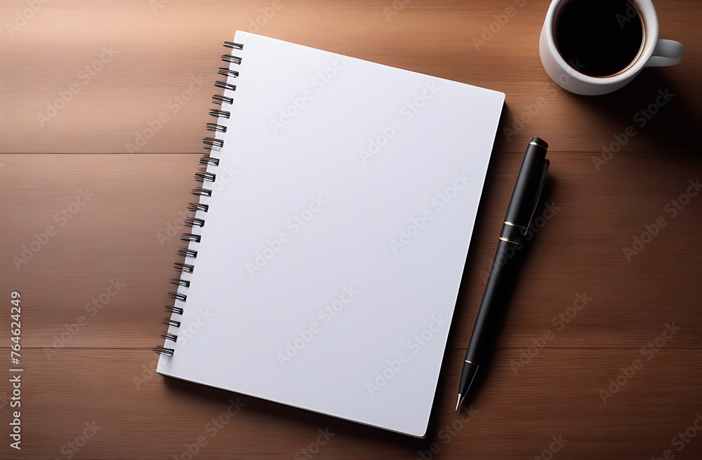 Open notebook with pen and cup of coffee on a wooden background, school notebooks with a spiral spring, office notepad, flat lay, top view. Open notebook with pen and cup of coffee on a wooden background, school notebooks with a spiral spring, office notepad, flat lay, top view.