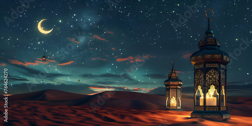 3d Ramadan Kareem With Fancy Gold Lamp Illustration Background Ramadan Lantern in the Desert Under the Starry Sky. 