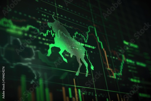 Digital bull in a glowing matrix with upward stock market arrows, embodying financial growth and the bullish trend in a digital economy - AI generated