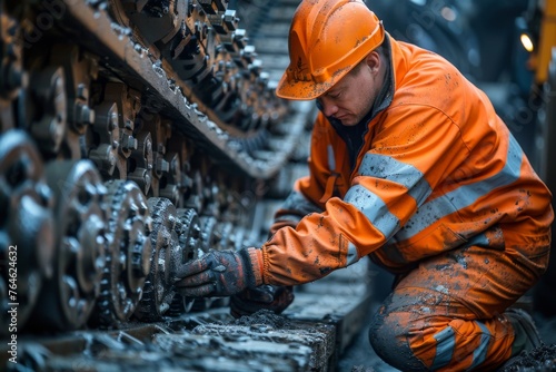 Focused miner conducting maintenance on heavy-duty coal mining equipment