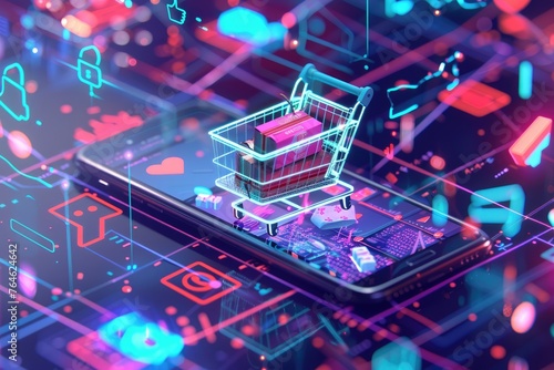 Futuristic shopping experience with a neon-lit smart cart full of goods, surrounded by floating digital icons in a virtual grocery store - AI generated