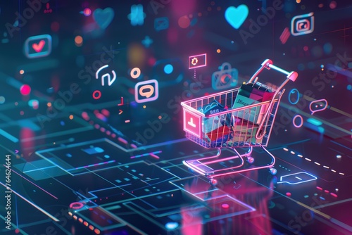 Futuristic shopping experience with a neon-lit smart cart full of goods, surrounded by floating digital icons in a virtual grocery store - AI generated photo