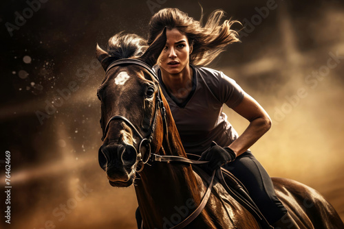galloping woman enjoys the moment and embodies the passion for horse riding