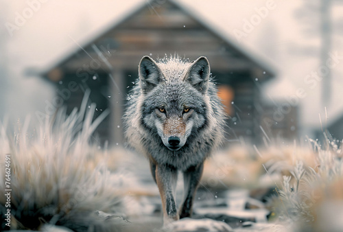 a full body photo of an old wolf with gray fur and black eyes photo