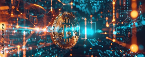 Bitcoin dominance in a digital world, a symbolic coin stands center in a network of cyber connections reflecting cryptocurrency's impact - AI generated
