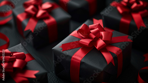 A group of beautifully wrapped presents, a mix of black and red, await to be opened in a festive and joyful atmosphere © Fokke Baarssen