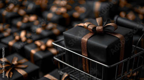 A woven basket overflowing with shimmering black and gold-wrapped presents, ready to be unwrapped and enjoyed