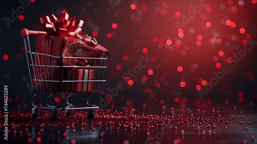 A shopping cart overflows with colorful gifts on a shiny surface, embodying the excitement and generosity of Black Friday sales photo