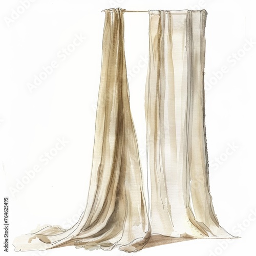 Elegant beige curtains with artistic watercolor texture isolated on white background, perfect for interior design concepts or home decor themed graphics with copy space