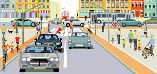 Stadtsilhouette mit Personen auf dem Zebrastreifen und Straßenverkehr, Illustration © scusi