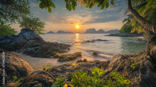 Sunset at Tropical Beach Cove with Rocks and Foliage
