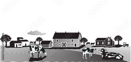 Bauernhaus mit Vieh und Landschaft , Illustration