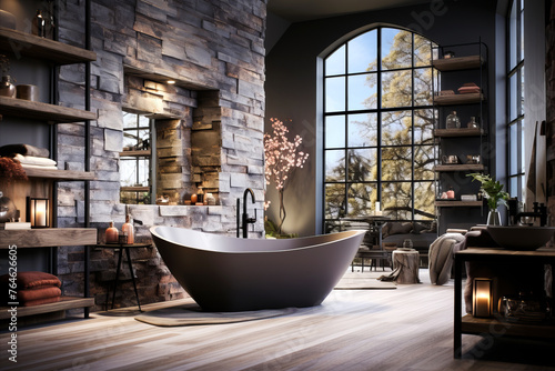 Cozy and stylish interior of bathroom in modern luxury house.