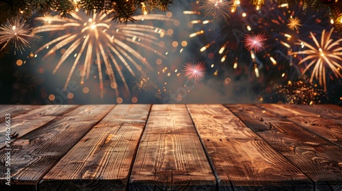 Empty wooden table in front of fireworks background. Product display