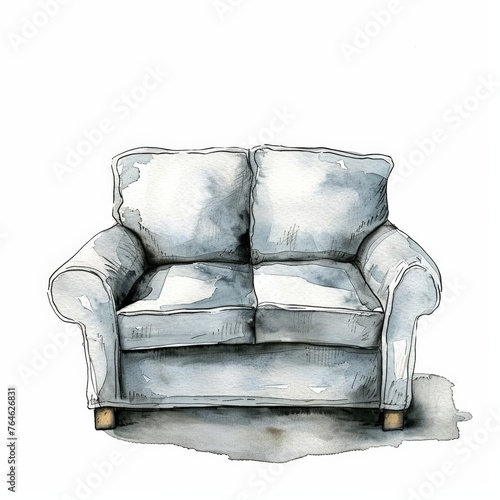Hand-drawn watercolor illustration of an empty two-seater sofa with space for text on a white background, suitable for interior design concepts or furniture promotions photo