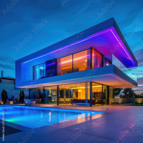 Panoramic photo of a modern house with outdoor and indoor lighting, at night  © Mariia