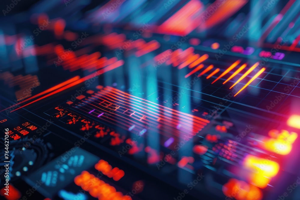 Advanced data analytics on holographic screens over a laptop in an office at sunset, showcasing modern business intelligence technology - AI generated