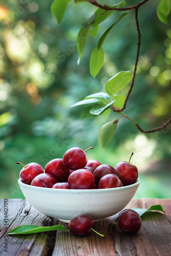 plums in a white bowl on a nature background