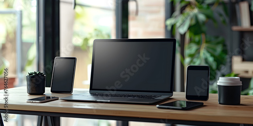 laptop with blank front, realistic on a mockup template in a table in a luxury office. © Farhan
