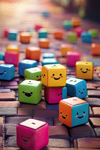 Cute colorful cubes bouncing on the ground. Smiling while their arms and legs hang out and down