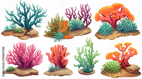 Set of corals and algae on a white background.