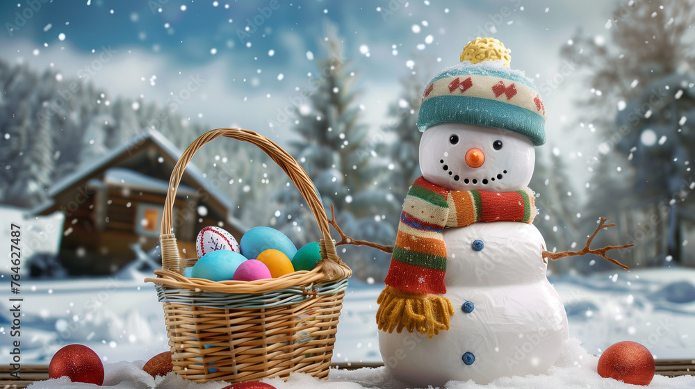 Smiling snowman wearing a hat and scarf with a basket of colorful Easter eggs in snowy setting festive tree and cabin: