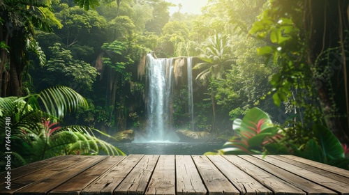  Empty wooden table top with jungle landscape with waterfall