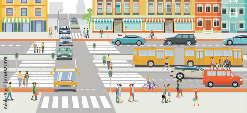 Großstadt Stadtsilhouette mit Straßenverkehr und Fußgänger auf dem Zebrastreifen, Illustration