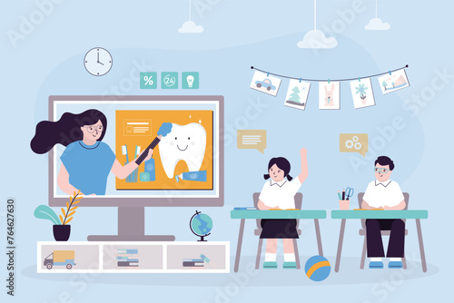 Video course, web seminar, internet class. Woman teacher talks with two preschool kids about proper oral care and teeth brushing. Health lesson, dentist doctor speak about dental care.