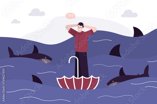 Businessman in troubles, male person standing alone on umbrella in ocean with dangerous sharks swimming around. Business adversity concept. Risk management, business loan,