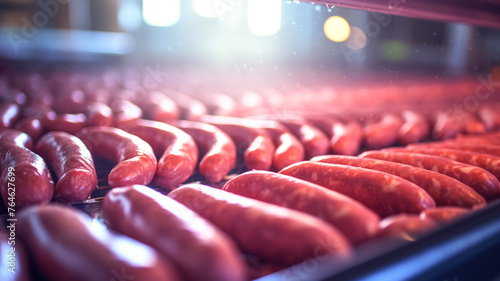 Photo of a conveyor belt appetizing grilled sausages with hot dogs. Industrial production of sausage and meat in a modern plant. 