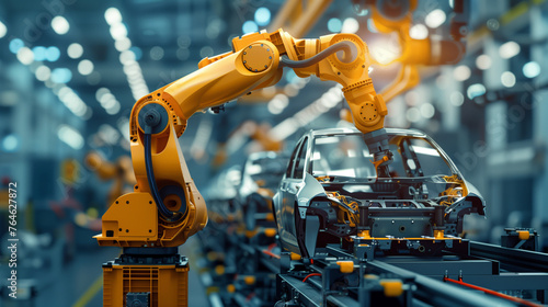 Robotic arm, car production plant, automation, manufacturing, automotive industry, technology, factory, assembly line, machinery, industrial, engineering, automotive manufacturing, robotic technology,