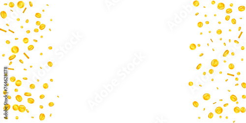 British pound coins falling. Scattered gold GBP