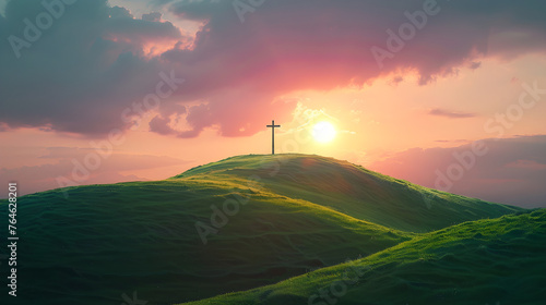 Cristian cross on top of a green hill at sunset, depicting a peaceful and serene religious scene