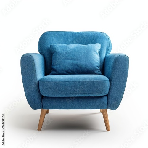 Modern blue fabric armchair with wooden legs isolated on white background, with space for text contemporary furniture concept