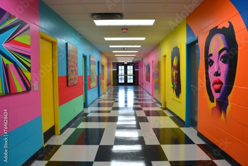 A school hallway adorned with thought-provoking artwork
