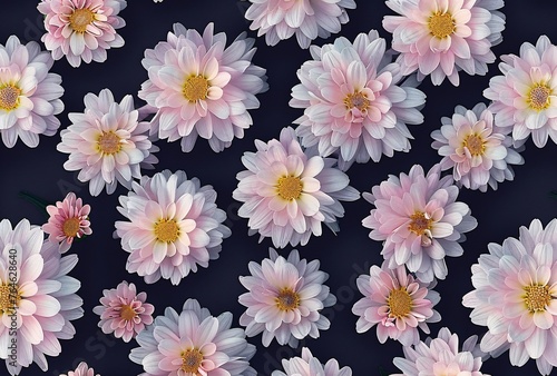 a pattern of pink and white chrysanthemums on a navy blue background