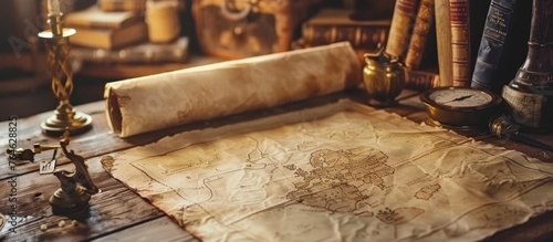 Fantasy background with magic book and ancient treasure map.