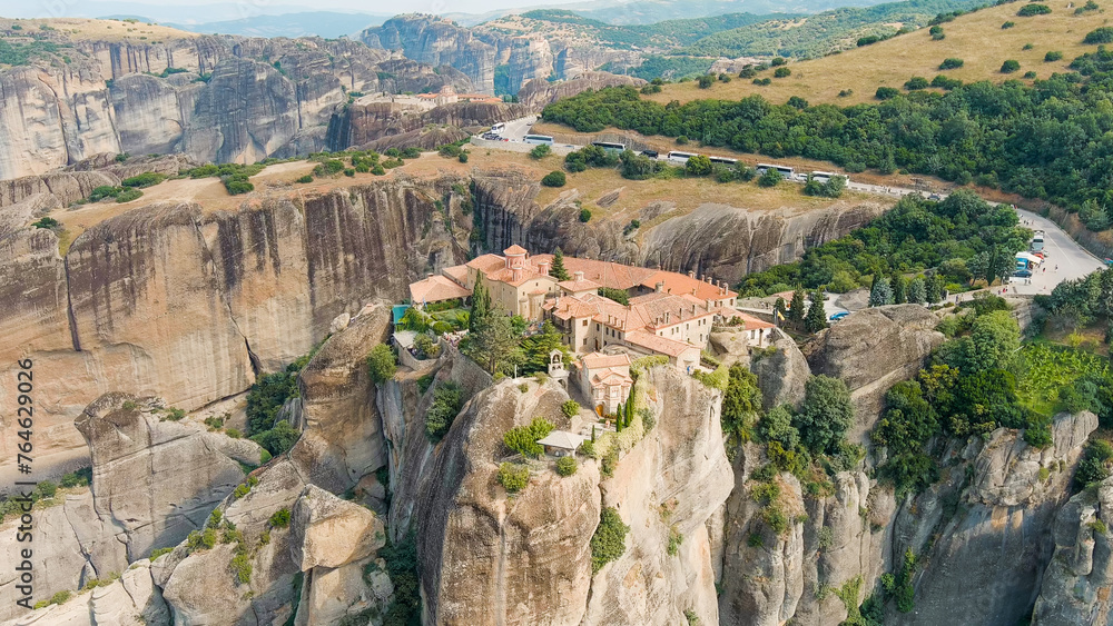 Meteora, Kalabaka, Greece. Monastery of St. Stephan. Meteora - rocks, up to 600 meters high. There are 6 active Greek Orthodox monasteries listed on the UNESCO list, Aerial View
