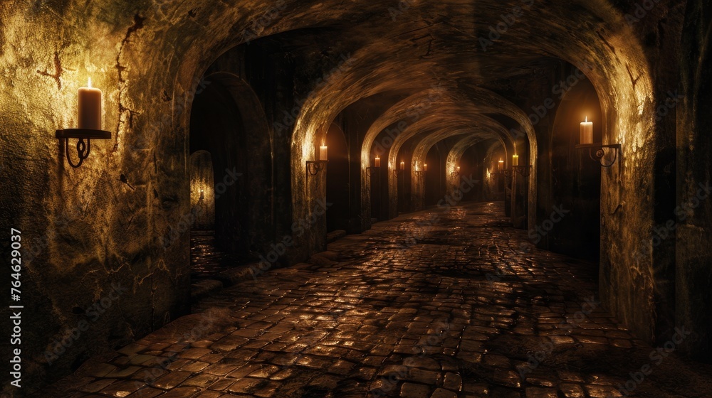 Scary endless, Fantasy Scary endless medieval catacombs with torches Scary endless, Fantasy Scary endless medieval catacombs with torches