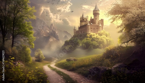 Fantasy scenery with a road to an old castle