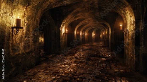 Scary endless  Fantasy Scary endless medieval catacombs with torches 
