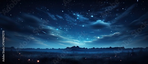 A calm and tranquil night scene featuring a dark sky filled with shimmering stars over a quiet and empty field © 2rogan