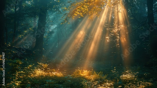 a forest with green sun lighting up the leaves,