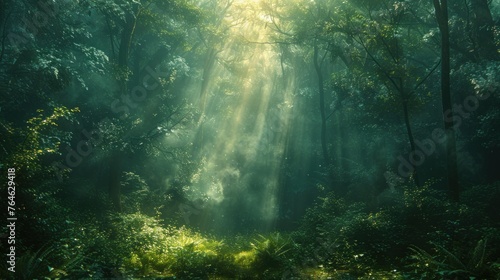 a forest with green sun lighting up the leaves,