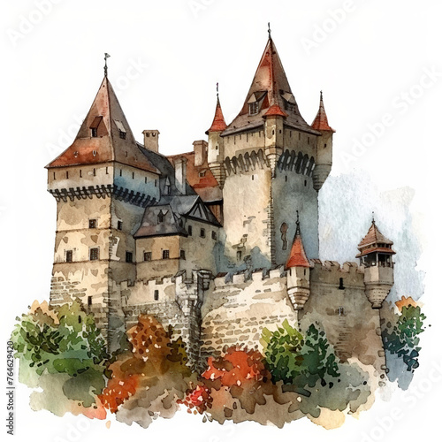 Watercolor illustration of a medieval castle with turrets and ramparts, suitable for historical concepts, educational materials, or fantasy backgrounds with space for text