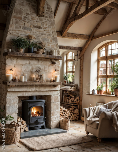 A cozy fire in a chic fireplace in a living room