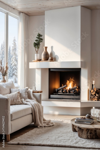 A cozy fire in a chic fireplace in a living room